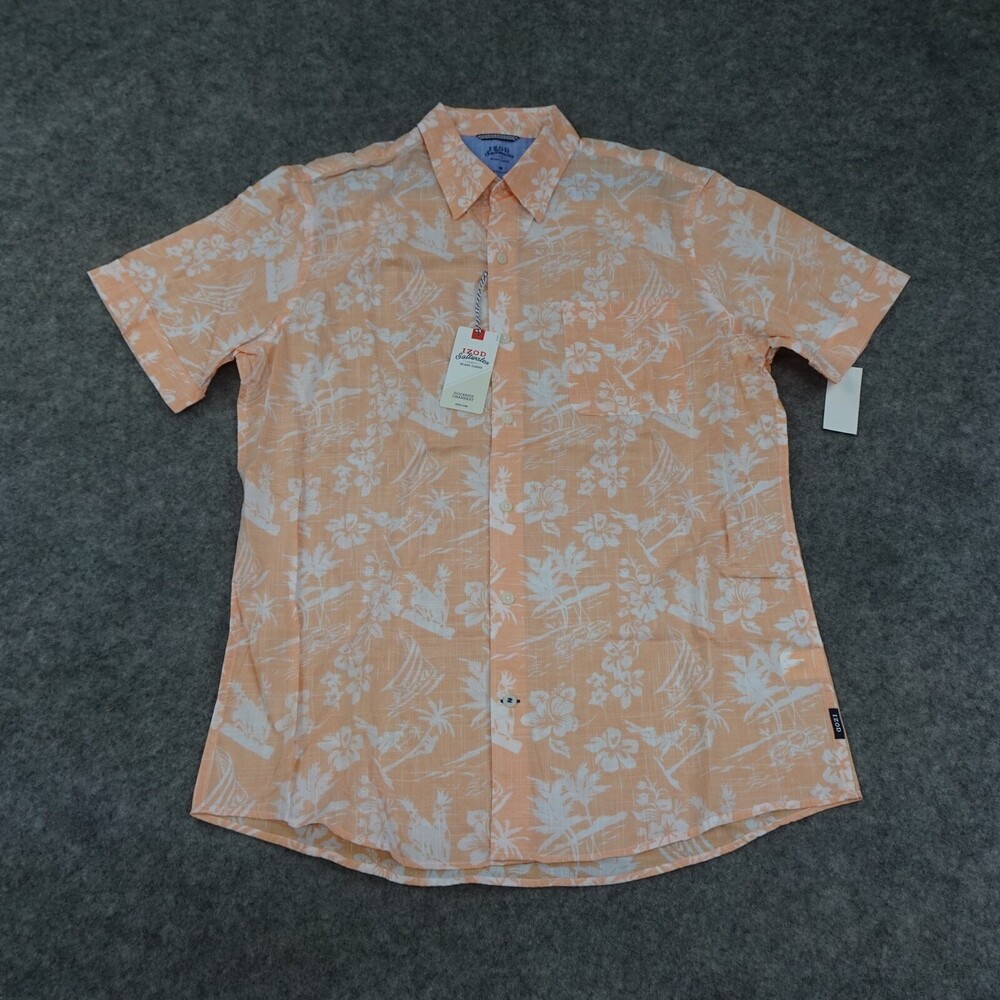IZOD Shirt Mens Medium Button Up Pink Short Sleeve Relaxed Peach Floral Golf
